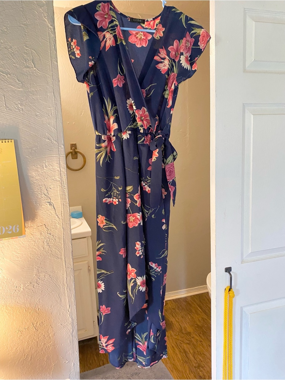 Floral Wrap Midi Dress - Navy with Pink Flowers